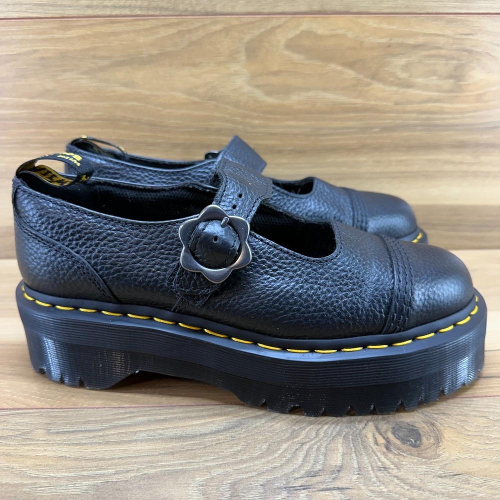 Dr Martens Addina Flower Mary Jane Platform Flats 8 Black Leather Punk Festival